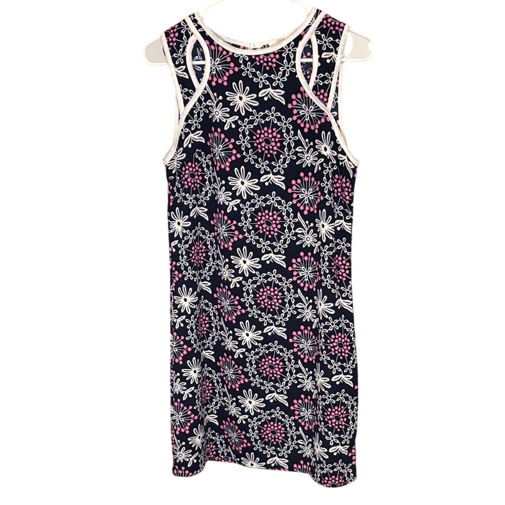 Ezra Womens Small Chico Navy Pink Floral Sleeveless Shift Dress Made in USA